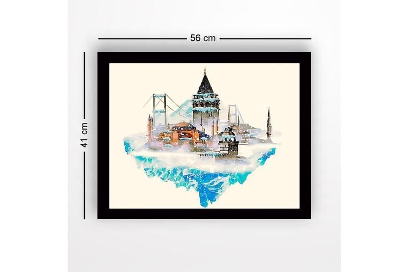 Indrammet lærredstryk i træ - 41x56 cm - Fantasifuld by med historiske bygninger og broer, der svæver over en isbjerglignende struktur - Blå / Beige / Sort - Boligtilbehør - Billeder & kunst