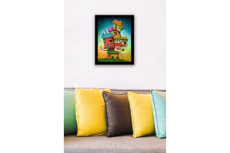 Indrammet lærredstryk i træ - 41x56 cm - Fantasifuld bygning med flere farverige huse stablet oven på hinanden - Rød / Grøn / Blå - Boligtilbehør - Billeder & kunst