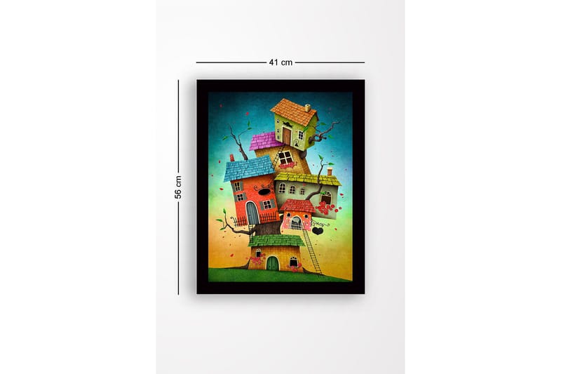 Indrammet lærredstryk i træ - 41x56 cm - Fantasifuld bygning med flere farverige huse stablet oven på hinanden - Rød / Grøn / Blå - Boligtilbehør - Billeder & kunst