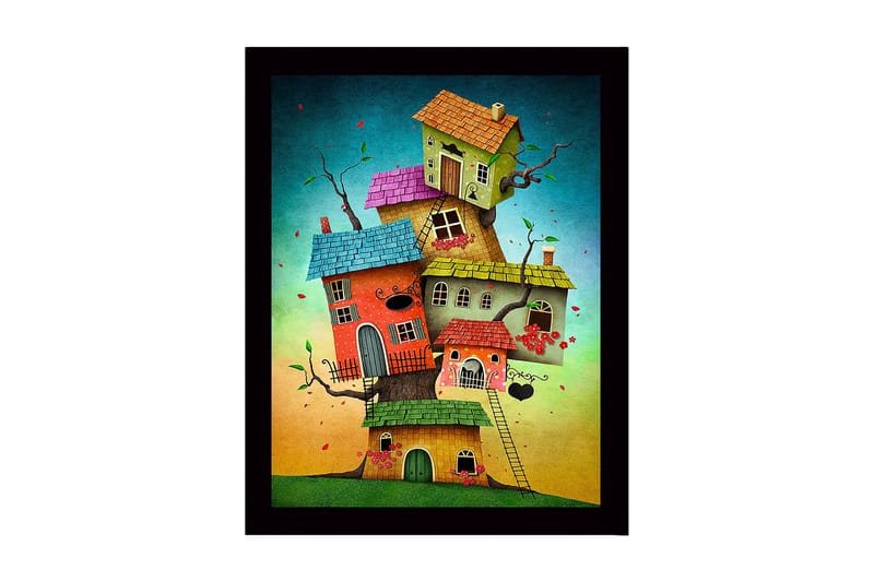 Indrammet lærredstryk i træ - 41x56 cm - Fantasifuld bygning med flere farverige huse stablet oven på hinanden, Rød / Grøn / Blå