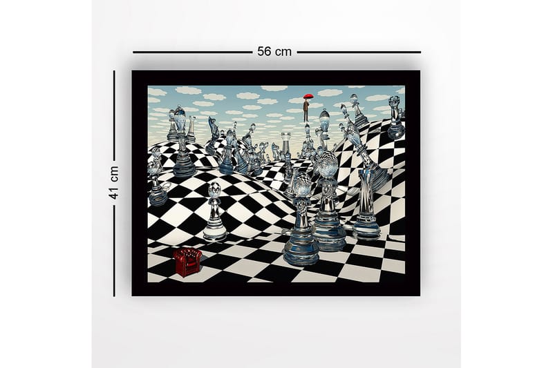 Indrammet lærredstryk i træ - 41x56 cm - Fantasifuldt skaklandskab med gennemsigtige skakbrikker og en figur med en paraply - Blå / Sort / Hvid - Boligtilbehør - Billeder & kunst