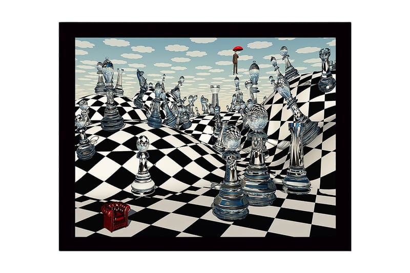 Indrammet lærredstryk i træ - 41x56 cm - Fantasifuldt skaklandskab med gennemsigtige skakbrikker og en figur med en paraply, Blå / Sort / Hvid