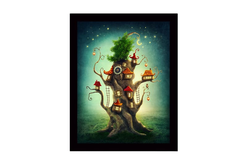 Indrammet lærredstryk i træ - 41x56 cm - Fantasifuldt træ med små huse og en frodig krone - Grøn / Brun / Rød - Boligtilbehør - Billeder & kunst
