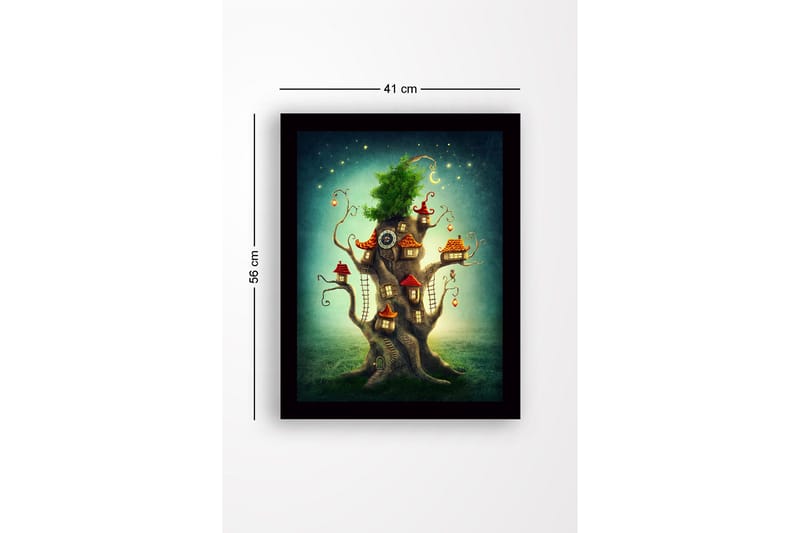 Indrammet lærredstryk i træ - 41x56 cm - Fantasifuldt træ med små huse og en frodig krone - Grøn / Brun / Rød - Boligtilbehør - Billeder & kunst