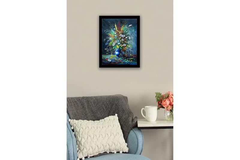 Indrammet lærredstryk i træ - 41x56 cm - Farverig blomsterbuket i en blå vase - Blå / Grøn / Hvid - Boligtilbehør - Billeder & kunst