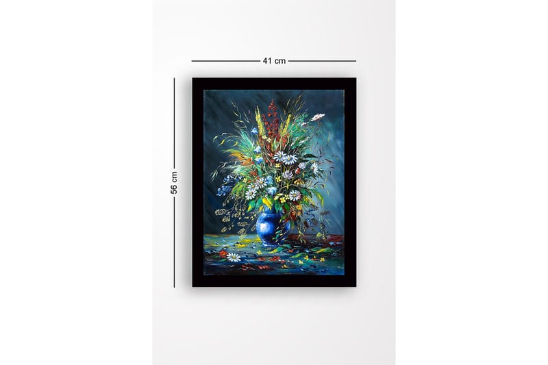 Indrammet lærredstryk i træ - 41x56 cm - Farverig blomsterbuket i en blå vase - Blå / Grøn / Hvid - Boligtilbehør - Billeder & kunst