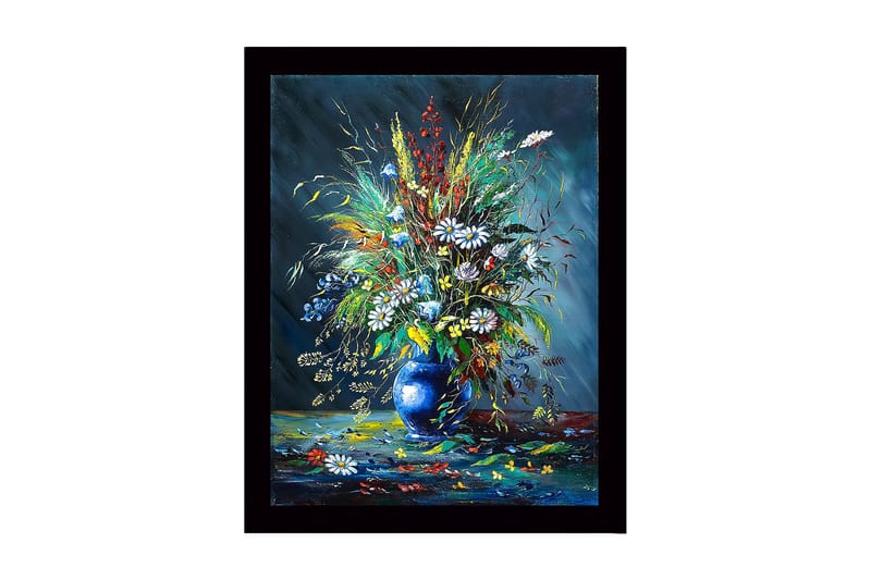 Indrammet lærredstryk i træ - 41x56 cm - Farverig blomsterbuket i en blå vase, Blå / Grøn / Hvid