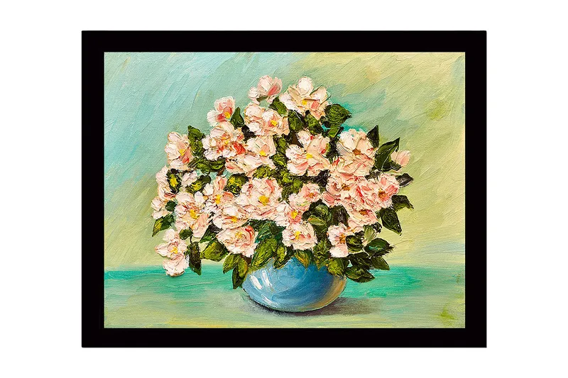 Indrammet lærredstryk i træ - 41x56 cm - Farverig blomsterbuket i en blå vase, Lys pink / Grøn / Blå