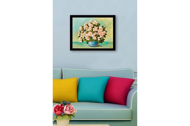 Indrammet lærredstryk i træ - 41x56 cm - Farverig blomsterbuket i en blå vase - Lys pink / Grøn / Blå - Boligtilbehør - Billeder & kunst