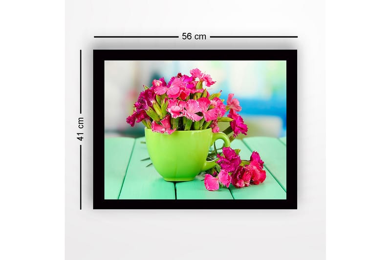 Indrammet lærredstryk i træ - 41x56 cm - Farverig blomsterbuket i en grøn kop - Grøn / Lyserød - Boligtilbehør - Billeder & kunst
