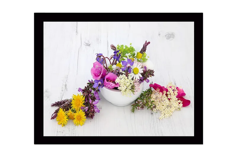 Indrammet lærredstryk i træ - 41x56 cm - Farverig blomsterbuket i en hvid skål - Lilla / Lyserød / Gul - Boligtilbehør - Billeder & kunst
