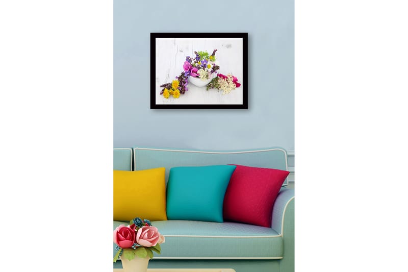 Indrammet lærredstryk i træ - 41x56 cm - Farverig blomsterbuket i en hvid skål - Lilla / Lyserød / Gul - Boligtilbehør - Billeder & kunst