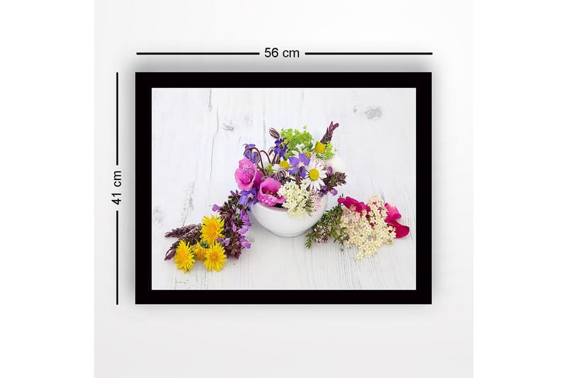 Indrammet lærredstryk i træ - 41x56 cm - Farverig blomsterbuket i en hvid skål - Lilla / Lyserød / Gul - Boligtilbehør - Billeder & kunst