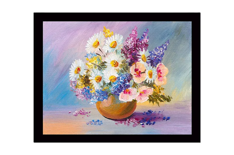 Indrammet lærredstryk i træ - 41x56 cm - Farverig blomsterbuket i en keramikskål, Hvid / Lilla / Blå