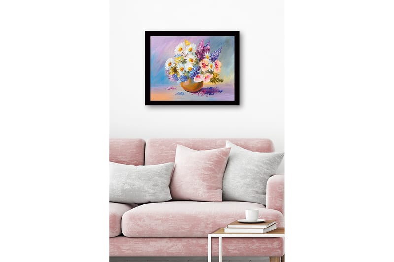 Indrammet lærredstryk i træ - 41x56 cm - Farverig blomsterbuket i en keramikskål - Hvid / Lilla / Blå - Boligtilbehør - Billeder & kunst