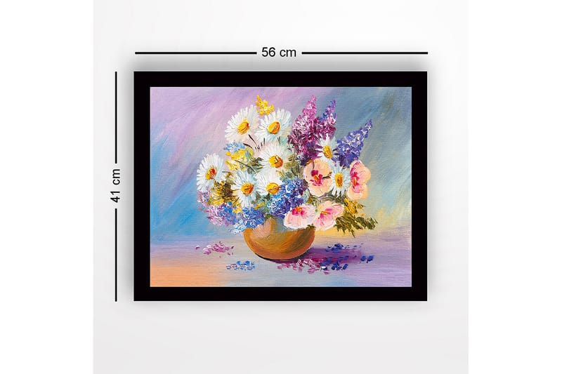 Indrammet lærredstryk i træ - 41x56 cm - Farverig blomsterbuket i en keramikskål - Hvid / Lilla / Blå - Boligtilbehør - Billeder & kunst