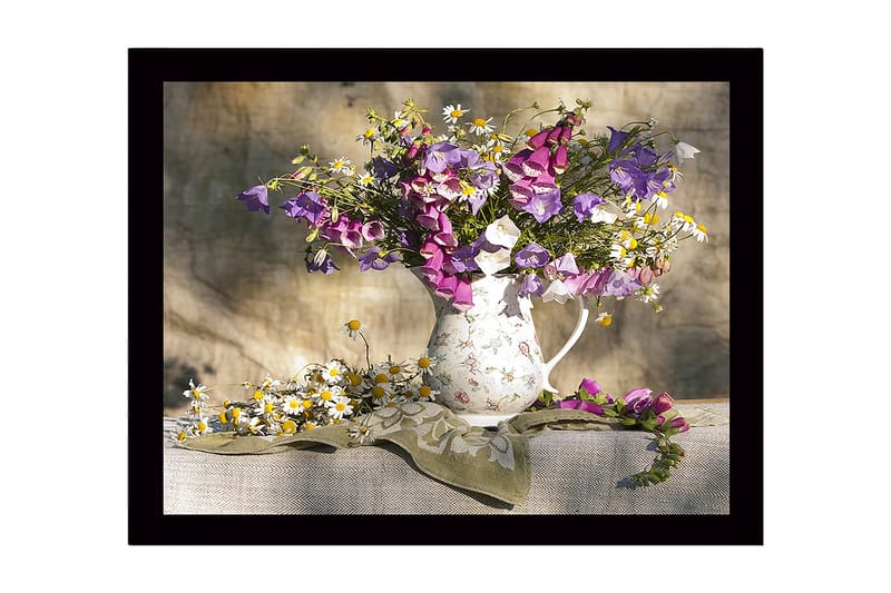 Indrammet lærredstryk i træ - 41x56 cm - Farverig blomsterbuket i en keramisk kande, Lilla / Hvid / Gul