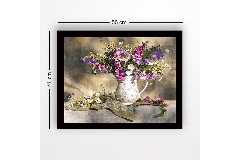 Indrammet lærredstryk i træ - 41x56 cm - Farverig blomsterbuket i en keramisk kande - Lilla / Hvid / Gul - Boligtilbehør - Billeder & kunst