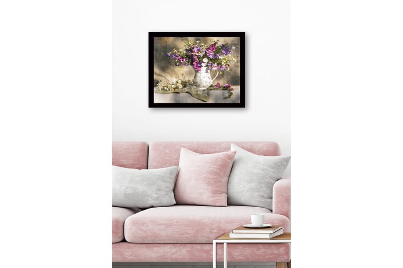 Indrammet lærredstryk i træ - 41x56 cm - Farverig blomsterbuket i en keramisk kande - Lilla / Hvid / Gul - Boligtilbehør - Billeder & kunst