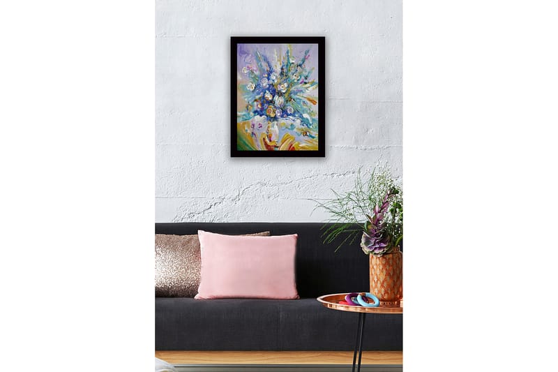 Indrammet lærredstryk i træ - 41x56 cm - Farverig blomsterbuket i livlige nuancer - Blå / Hvid / Grøn - Boligtilbehør - Billeder & kunst