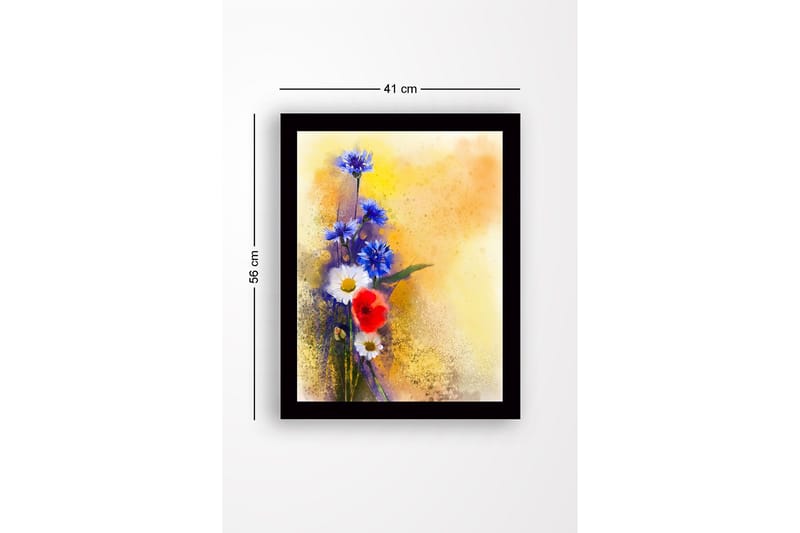 Indrammet lærredstryk i træ - 41x56 cm - Farverig blomsterbuket med blå og røde elementer - Blå / Rød / Hvid - Boligtilbehør - Billeder & kunst