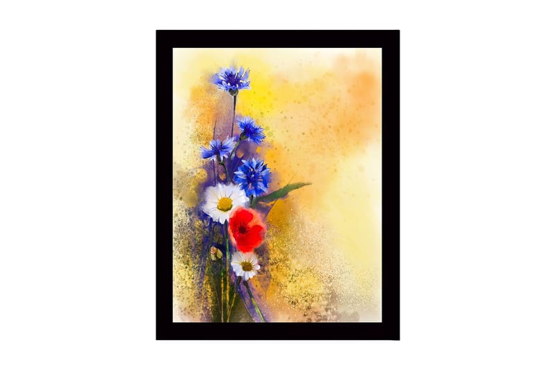 Indrammet lærredstryk i træ - 41x56 cm - Farverig blomsterbuket med blå og røde elementer, Blå / Rød / Hvid