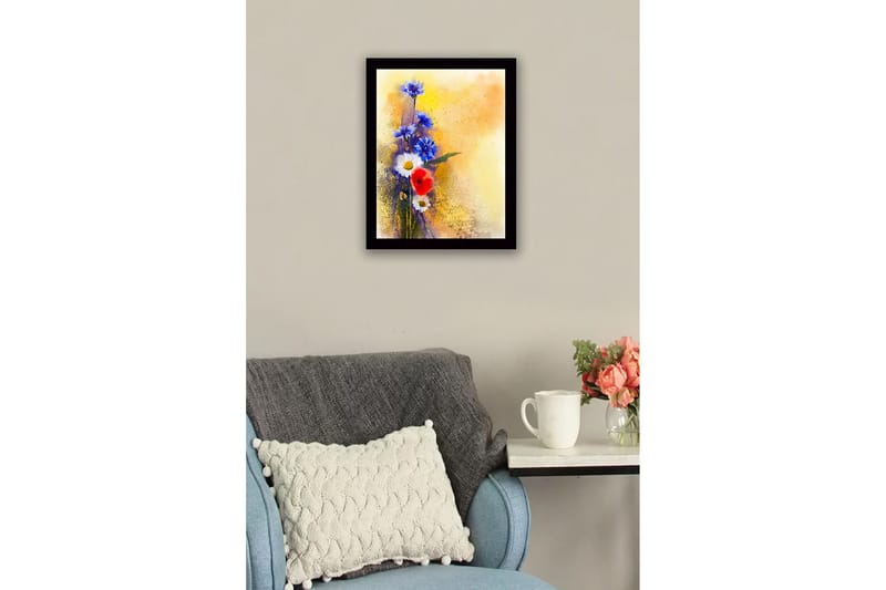 Indrammet lærredstryk i træ - 41x56 cm - Farverig blomsterbuket med blå og røde elementer - Blå / Rød / Hvid - Boligtilbehør - Billeder & kunst