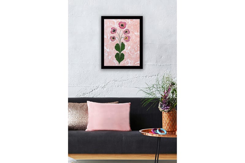 Indrammet lærredstryk i træ - 41x56 cm - Farverig blomsterbuket med stiliserede blomster - Lyserød / Grøn / Sort - Boligtilbehør - Billeder & kunst