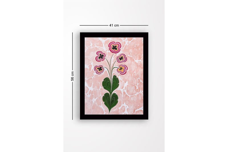 Indrammet lærredstryk i træ - 41x56 cm - Farverig blomsterbuket med stiliserede blomster - Lyserød / Grøn / Sort - Boligtilbehør - Billeder & kunst