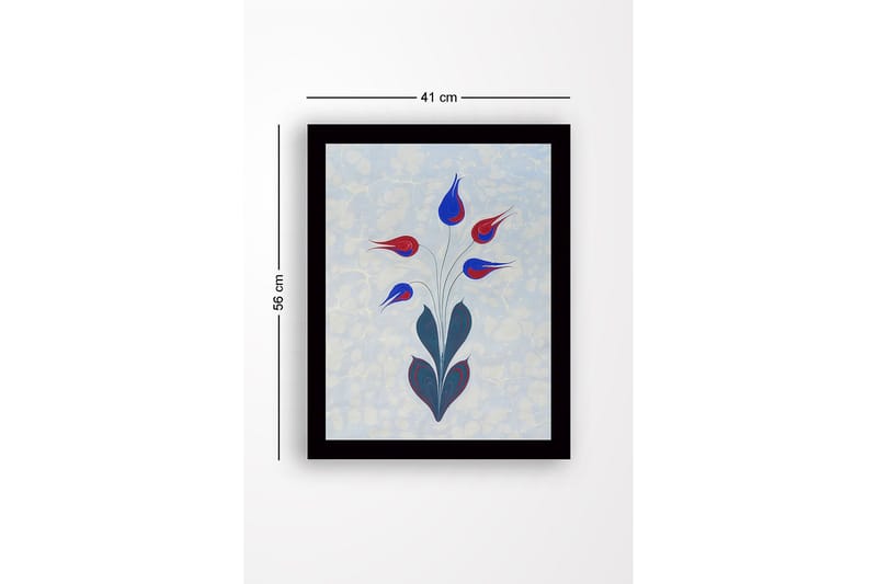 Indrammet lærredstryk i træ - 41x56 cm - Farverig blomsterbuket med stiliserede knopper - Rød / Blå / Grøn - Boligtilbehør - Billeder & kunst