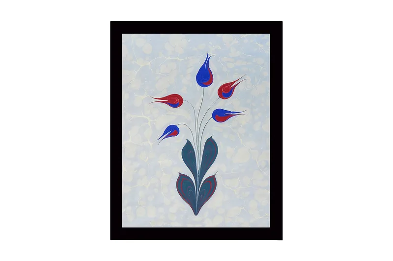 Indrammet lærredstryk i træ - 41x56 cm - Farverig blomsterbuket med stiliserede knopper, Rød / Blå / Grøn