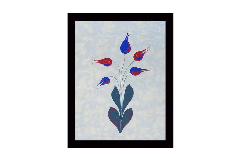 Indrammet lærredstryk i træ - 41x56 cm - Farverig blomsterbuket med stiliserede knopper, Rød / Blå / Grøn