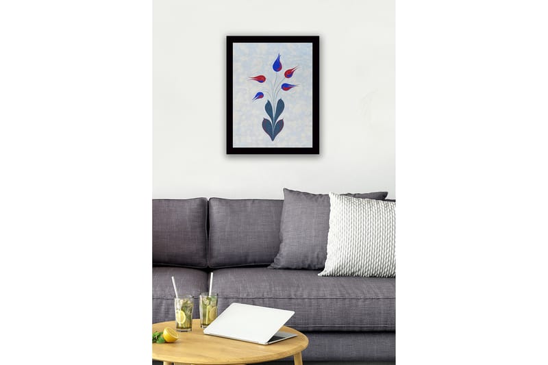 Indrammet lærredstryk i træ - 41x56 cm - Farverig blomsterbuket med stiliserede knopper - Rød / Blå / Grøn - Boligtilbehør - Billeder & kunst