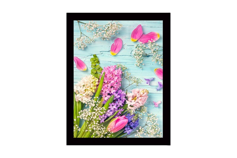 Indrammet lærredstryk i træ - 41x56 cm - Farverig blomsterbuket med tulipaner og hyacinter, Lyserød / Lilla / Hvid