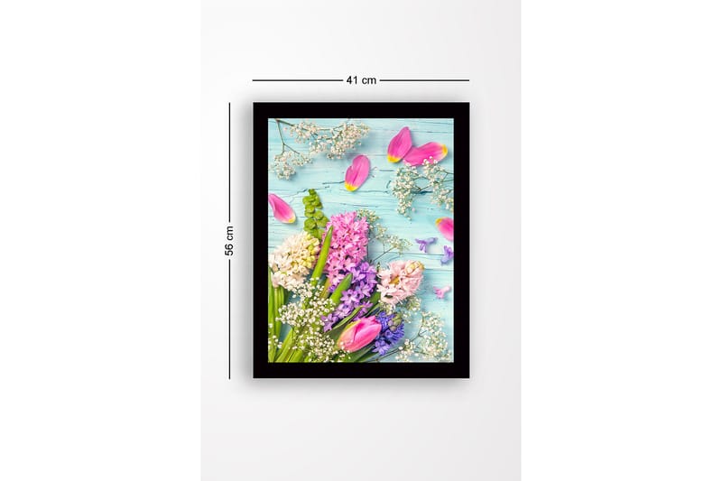Indrammet lærredstryk i træ - 41x56 cm - Farverig blomsterbuket med tulipaner og hyacinter - Lyserød / Lilla / Hvid - Boligtilbehør - Billeder & kunst