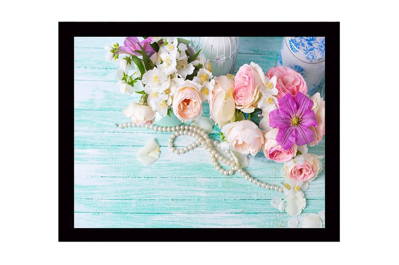 Indrammet lærredstryk i træ - 41x56 cm - Farverig blomsterbuket med perler, Lyserød / Hvid / Lilla