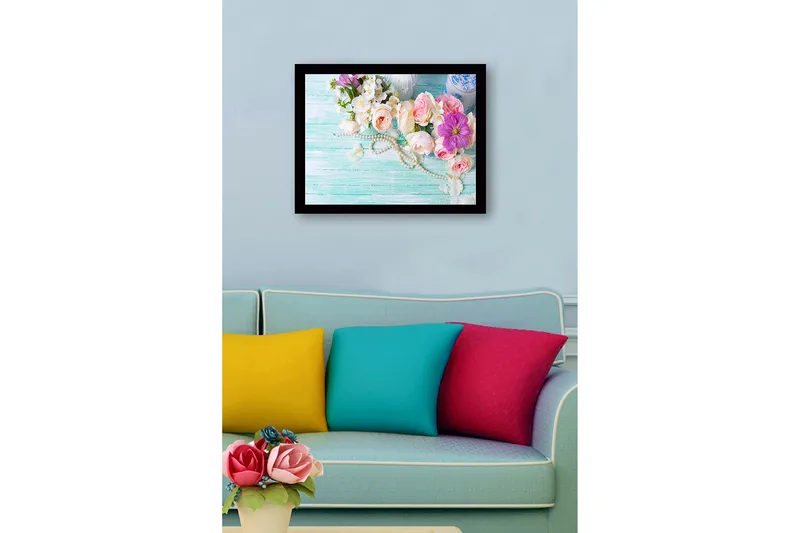 Indrammet lærredstryk i træ - 41x56 cm - Farverig blomsterbuket med perler - Lyserød / Hvid / Lilla - Boligtilbehør - Billeder & kunst