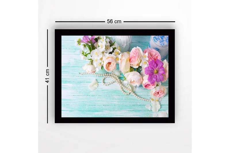 Indrammet lærredstryk i træ - 41x56 cm - Farverig blomsterbuket med perler - Lyserød / Hvid / Lilla - Boligtilbehør - Billeder & kunst