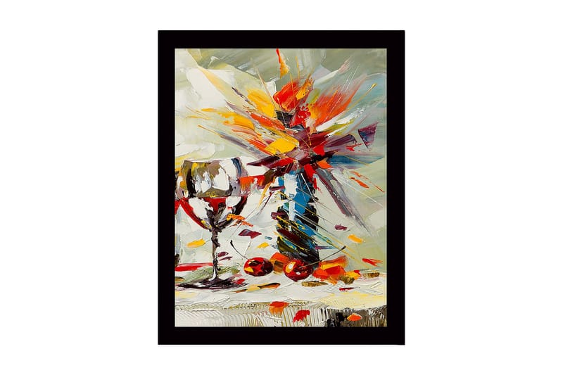 Indrammet lærredstryk i træ - 41x56 cm - Farverig blomsterbuket og et vinglas, Rød / Gul / Grøn