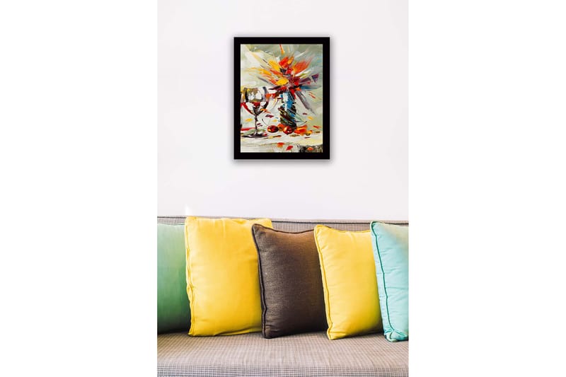 Indrammet lærredstryk i træ - 41x56 cm - Farverig blomsterbuket og et vinglas - Rød / Gul / Grøn - Boligtilbehør - Billeder & kunst