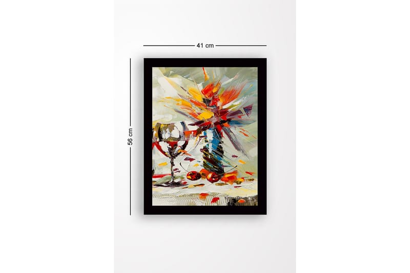 Indrammet lærredstryk i træ - 41x56 cm - Farverig blomsterbuket og et vinglas - Rød / Gul / Grøn - Boligtilbehør - Billeder & kunst