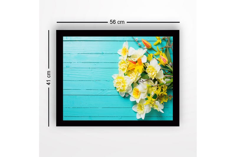 Indrammet lærredstryk i træ - 41x56 cm - Farverig blomsterbuket på turkis baggrund - Hvid / Gul / Turkis - Boligtilbehør - Billeder & kunst