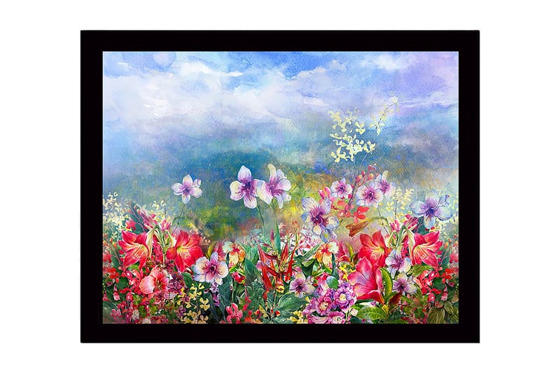 Indrammet lærredstryk i træ - 41x56 cm - Farverig blomstereng med forskellige blomster i fuldt flor, Rød / Lilla / Grøn