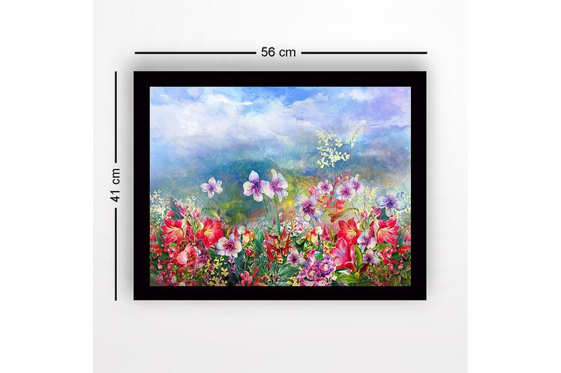 Indrammet lærredstryk i træ - 41x56 cm - Farverig blomstereng med forskellige blomster i fuldt flor - Rød / Lilla / Grøn - Boligtilbehør - Billeder & kunst