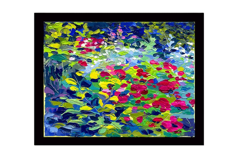 Indrammet lærredstryk i træ - 41x56 cm - Farverig blomstereng med roser og grønne blade, Grøn / Rød / Blå