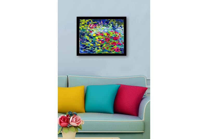 Indrammet lærredstryk i træ - 41x56 cm - Farverig blomstereng med roser og grønne blade - Grøn / Rød / Blå - Boligtilbehør - Billeder & kunst