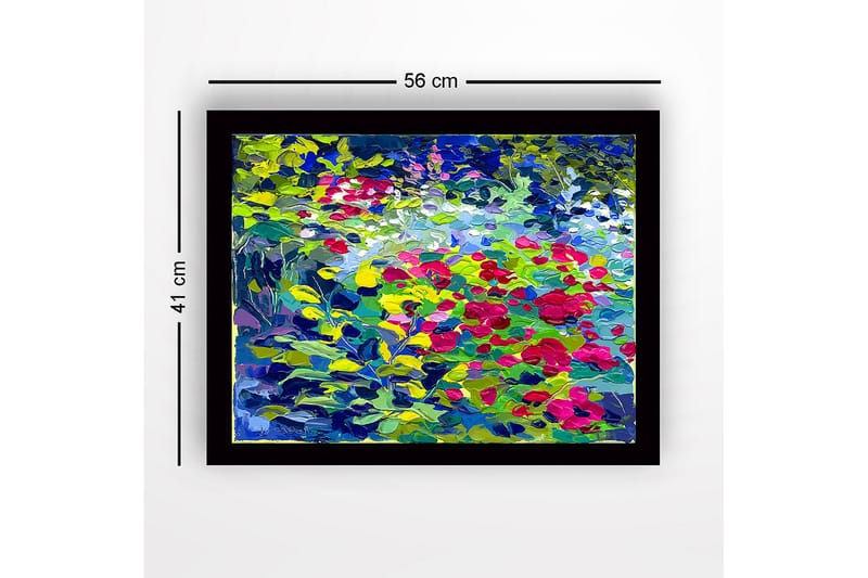Indrammet lærredstryk i træ - 41x56 cm - Farverig blomstereng med roser og grønne blade - Grøn / Rød / Blå - Boligtilbehør - Billeder & kunst