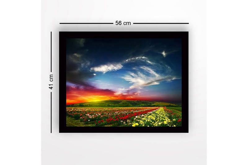 Indrammet lærredstryk i træ - 41x56 cm - Farverig blomstereng under en dramatisk solnedgang - Rød / Gul / Grøn - Boligtilbehør - Billeder & kunst