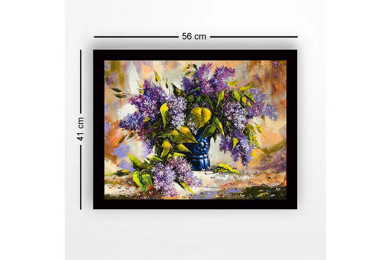 Indrammet lærredstryk i træ - 41x56 cm - Farverig buket af lilla blomster i en blå vase - Lilla / Grøn / Blå - Boligtilbehør - Billeder & kunst