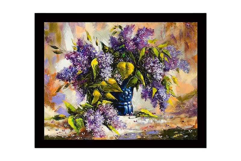 Indrammet lærredstryk i træ - 41x56 cm - Farverig buket af lilla blomster i en blå vase, Lilla / Grøn / Blå